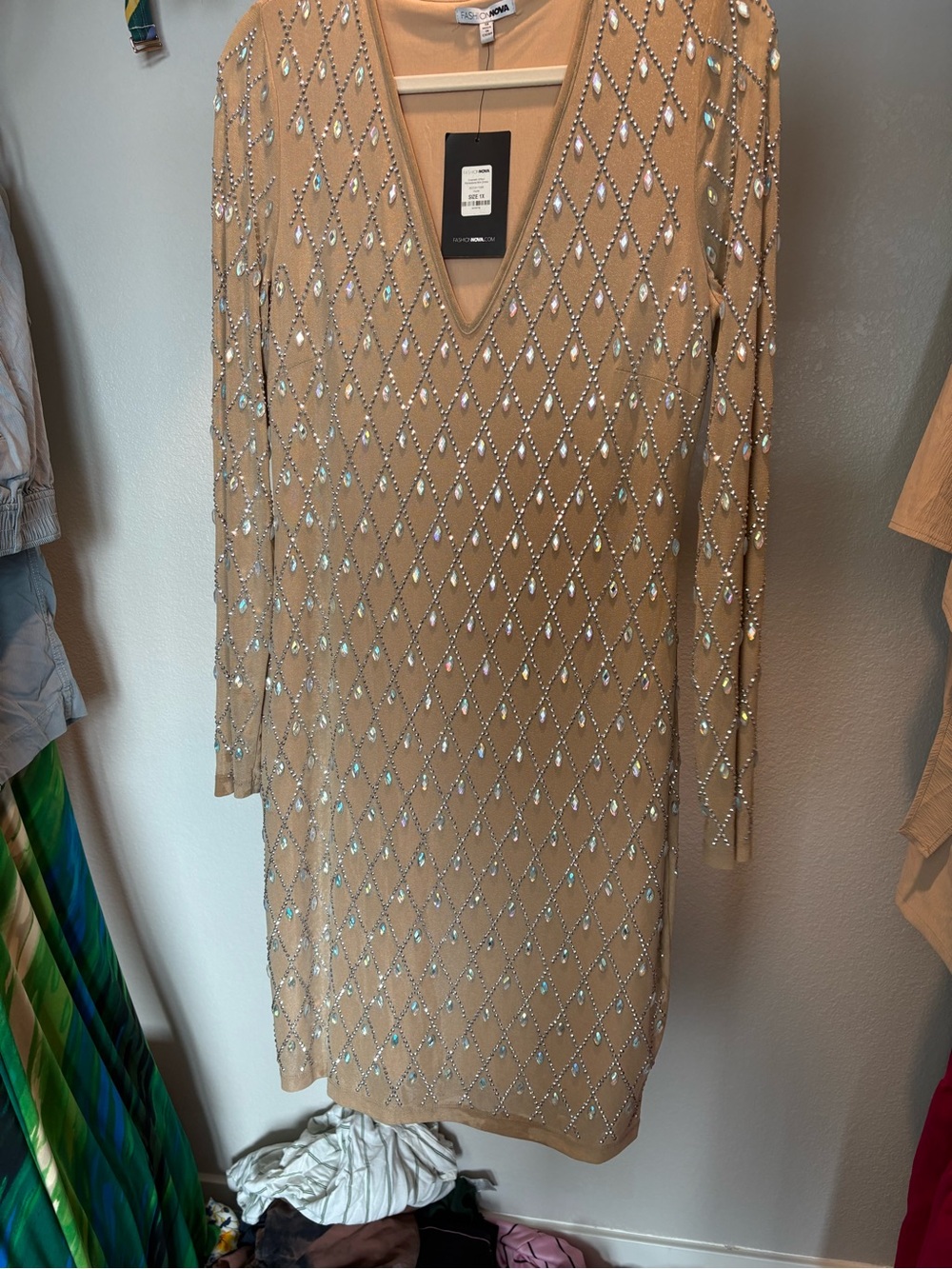 Fashion Nova dramatic effect rhinestone mini dress Champagne size 1x - Picture 2 of 7